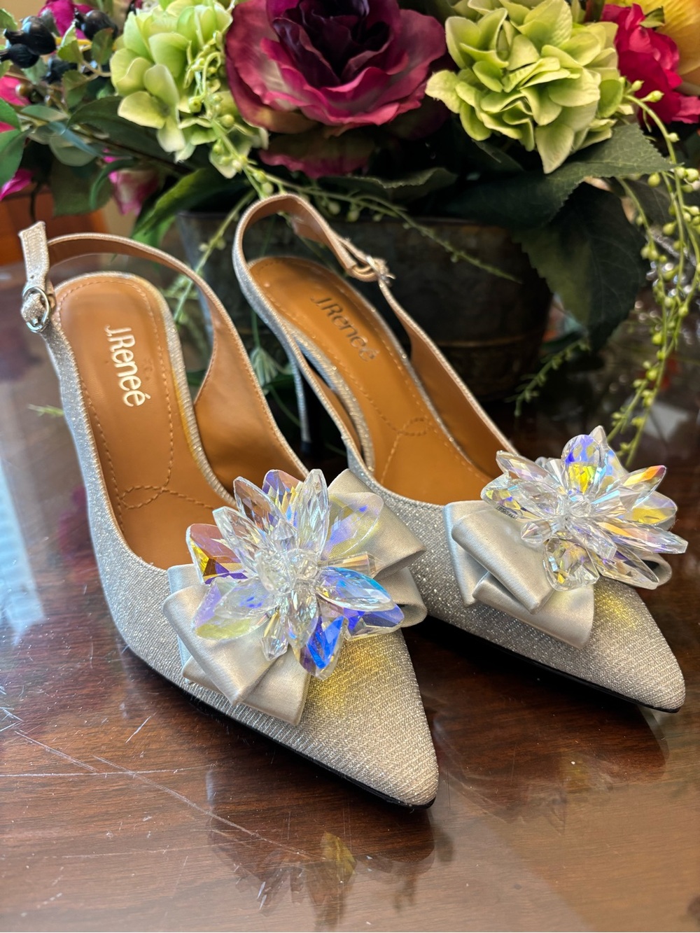 J.Renee Silver Crystal Flower Slingback Heels Size 8.5 W